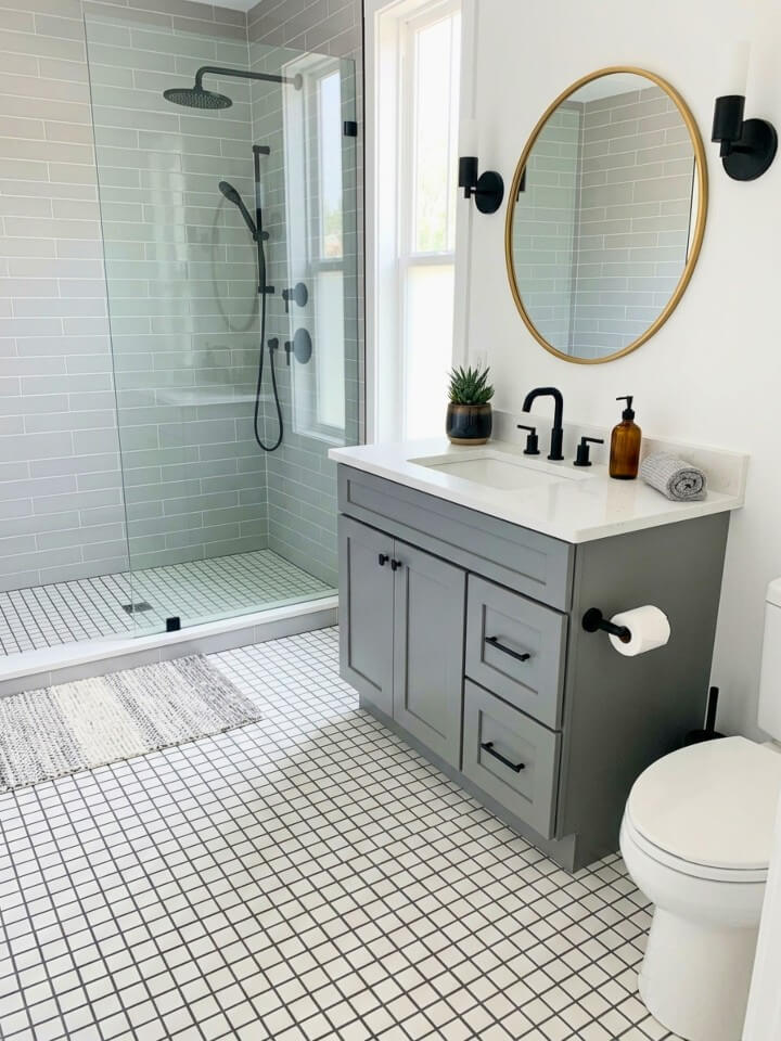 white mosaic tiles with colored grout on the floor