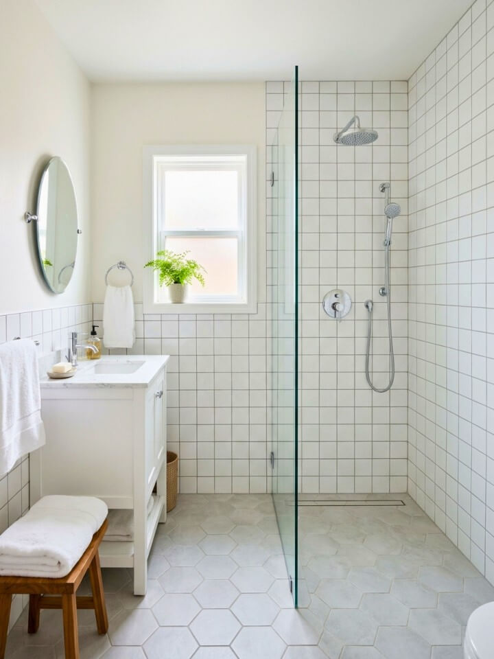 white tile and gray grout shower design