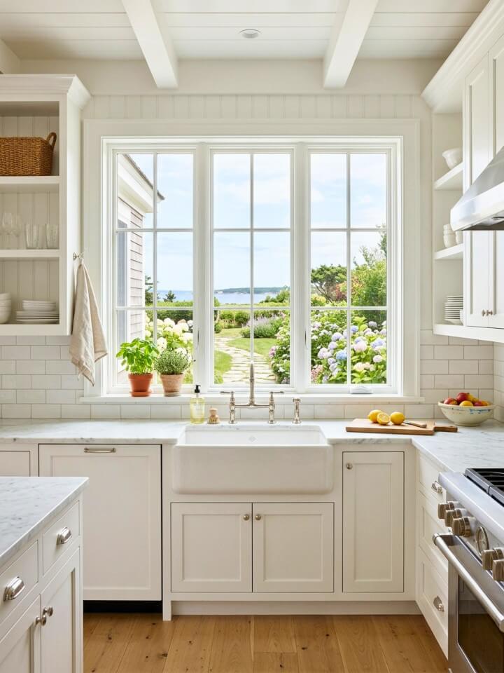 window over the sink with bright coastal style