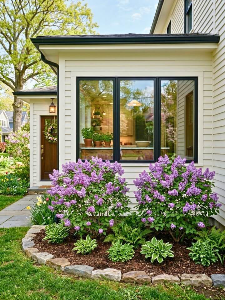 window view garden with lilac bushes