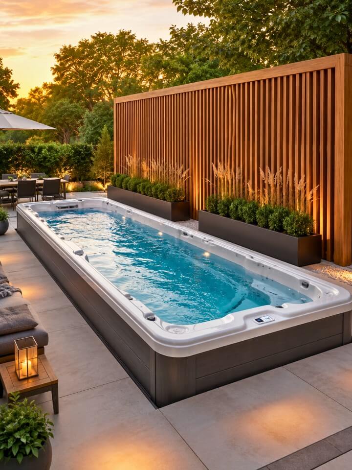 wood slat backdrop behind the swim spa