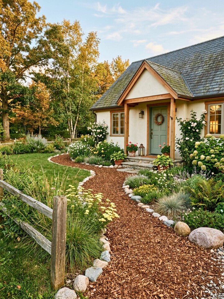 woodchip pathway accented with natural stones