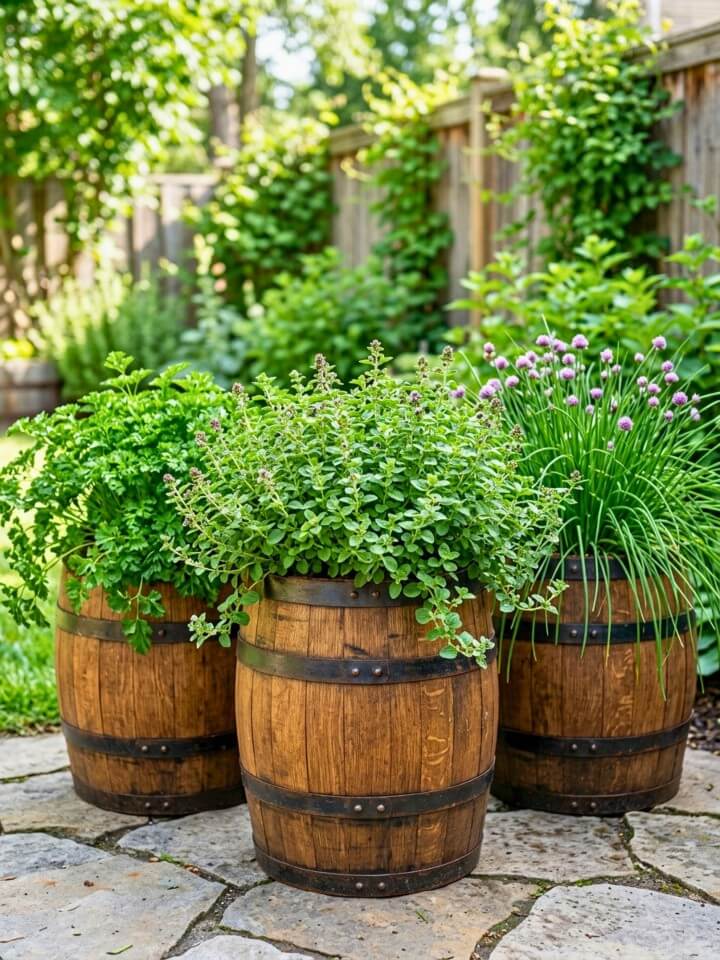 wooden barrel herb planters for rustic gardens