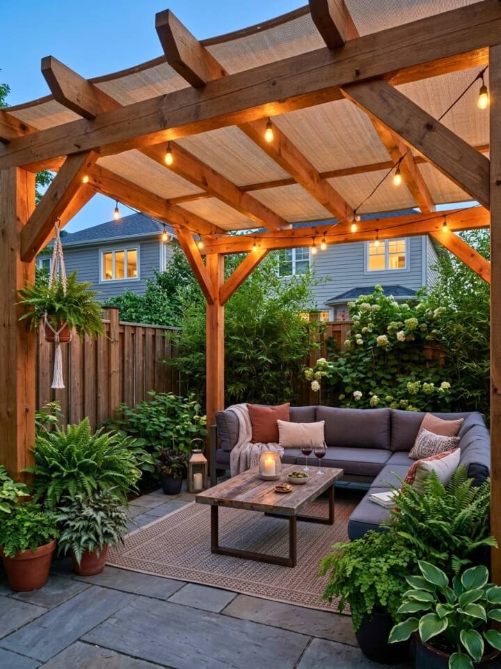 wooden canopy for overhead patio privacy