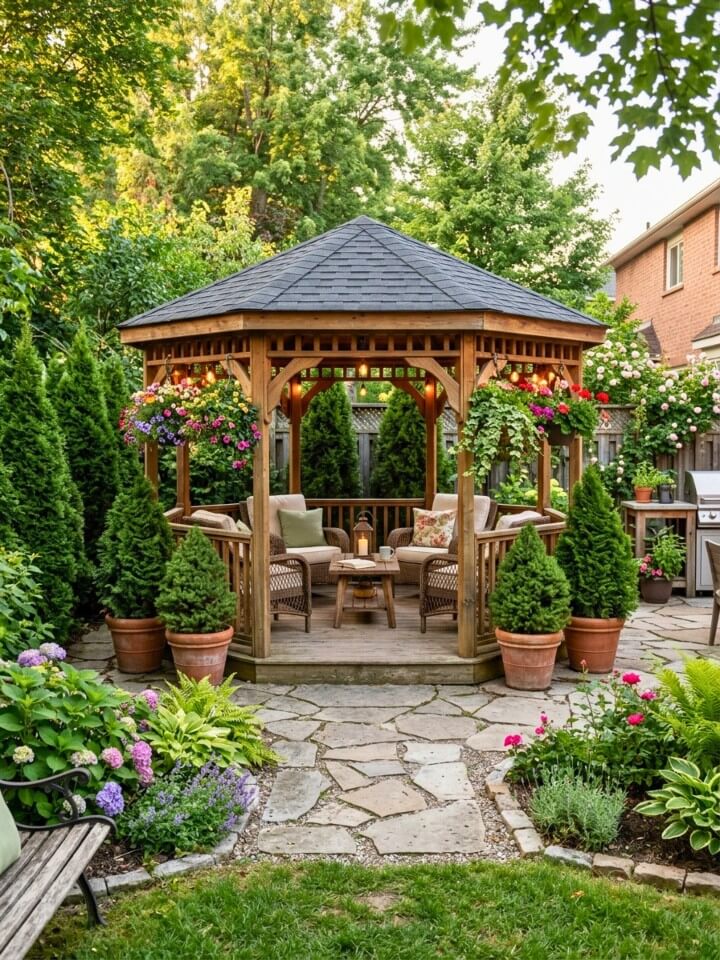wooden gazebo with potted arborvitae screens
