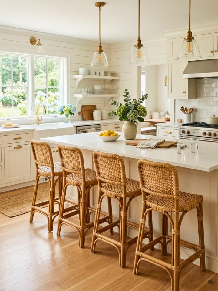 woven bar stools as relaxed island seating
