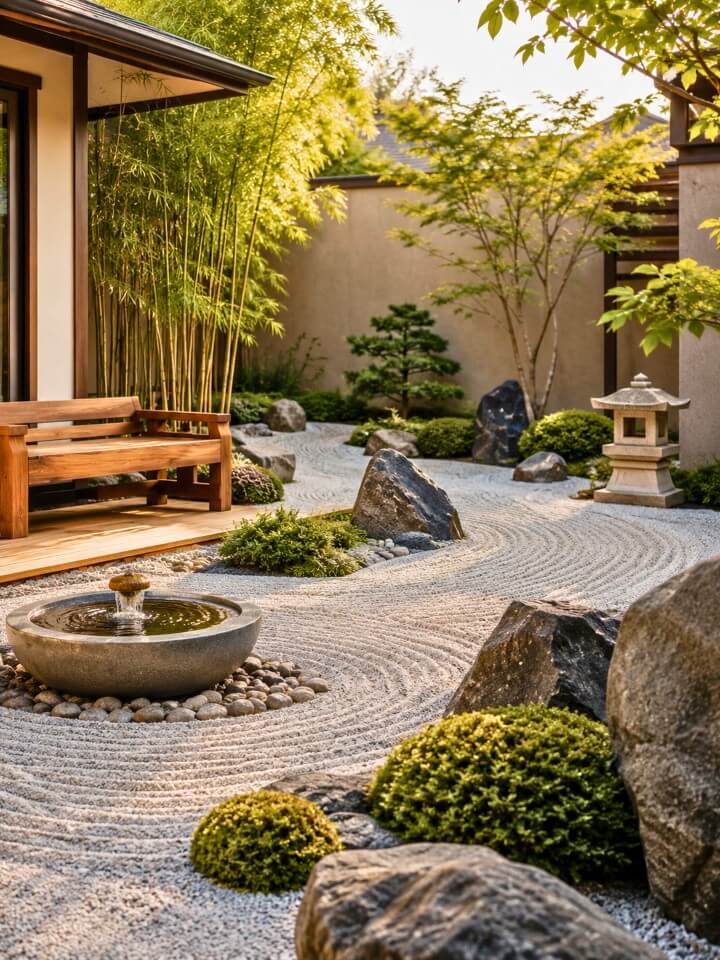 zen garden with calm outdoor living style