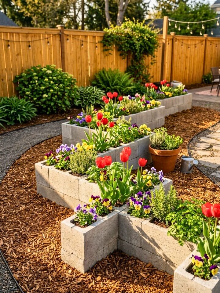 zigzag pattern raised bed made from cinder blocks