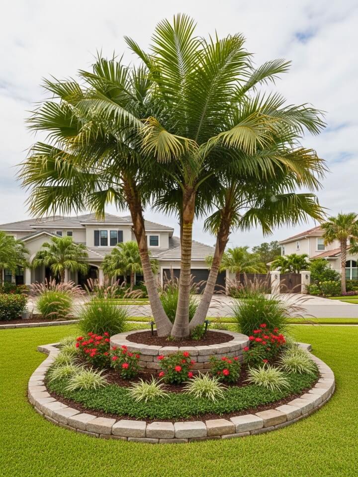 Island Garden Bed Featuring Palms for Front Yard