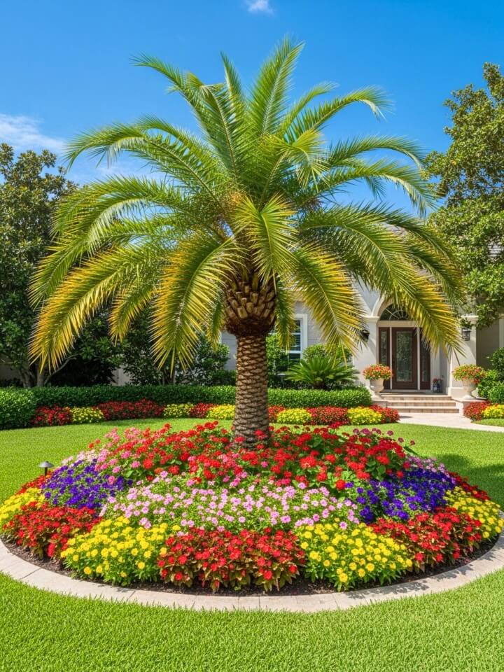 Palm Surrounded by Vibrant Flower Beds