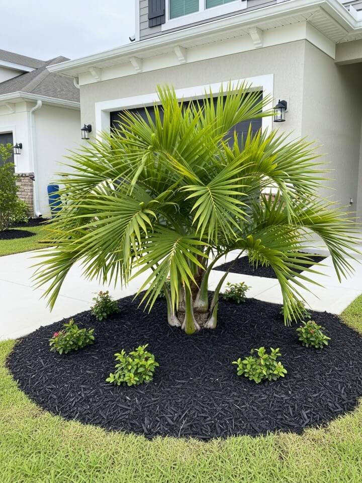 Palm Tree with Mulch and Shrub Accents