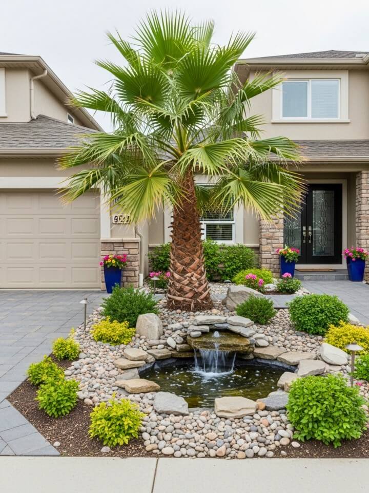 Palm Tree with Tranquil Water Feature