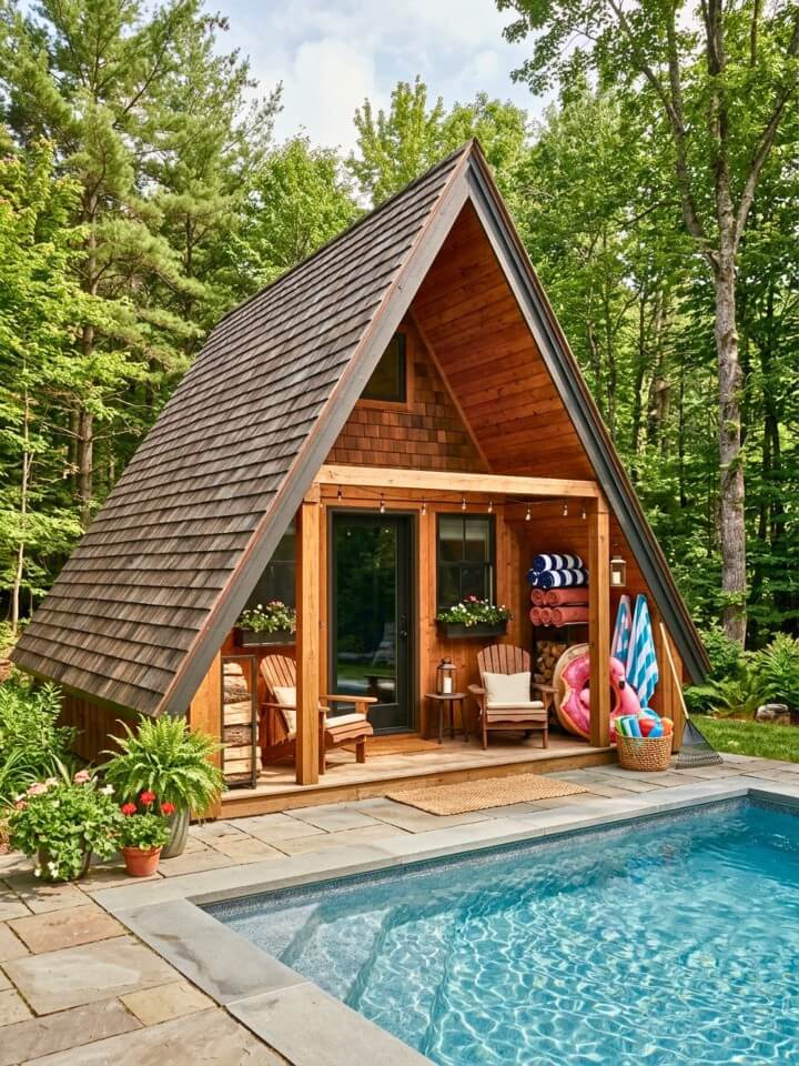 a frame cabin by the water