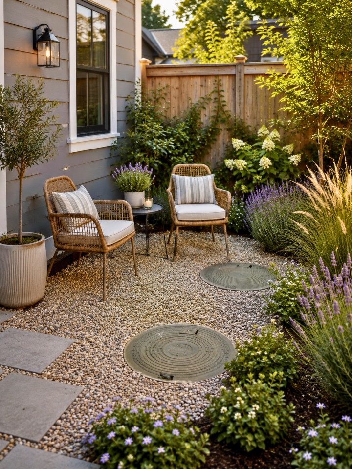 a small seating nook beside the septic tank