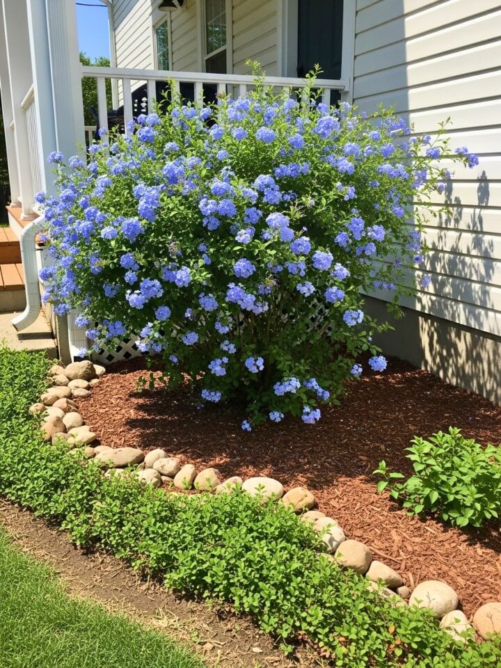 accent corners with blue plumbago shrubs