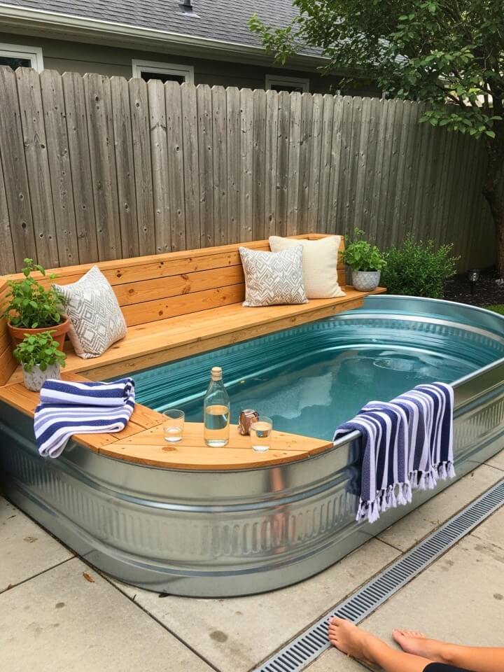 backyard dipping pool with built in seating