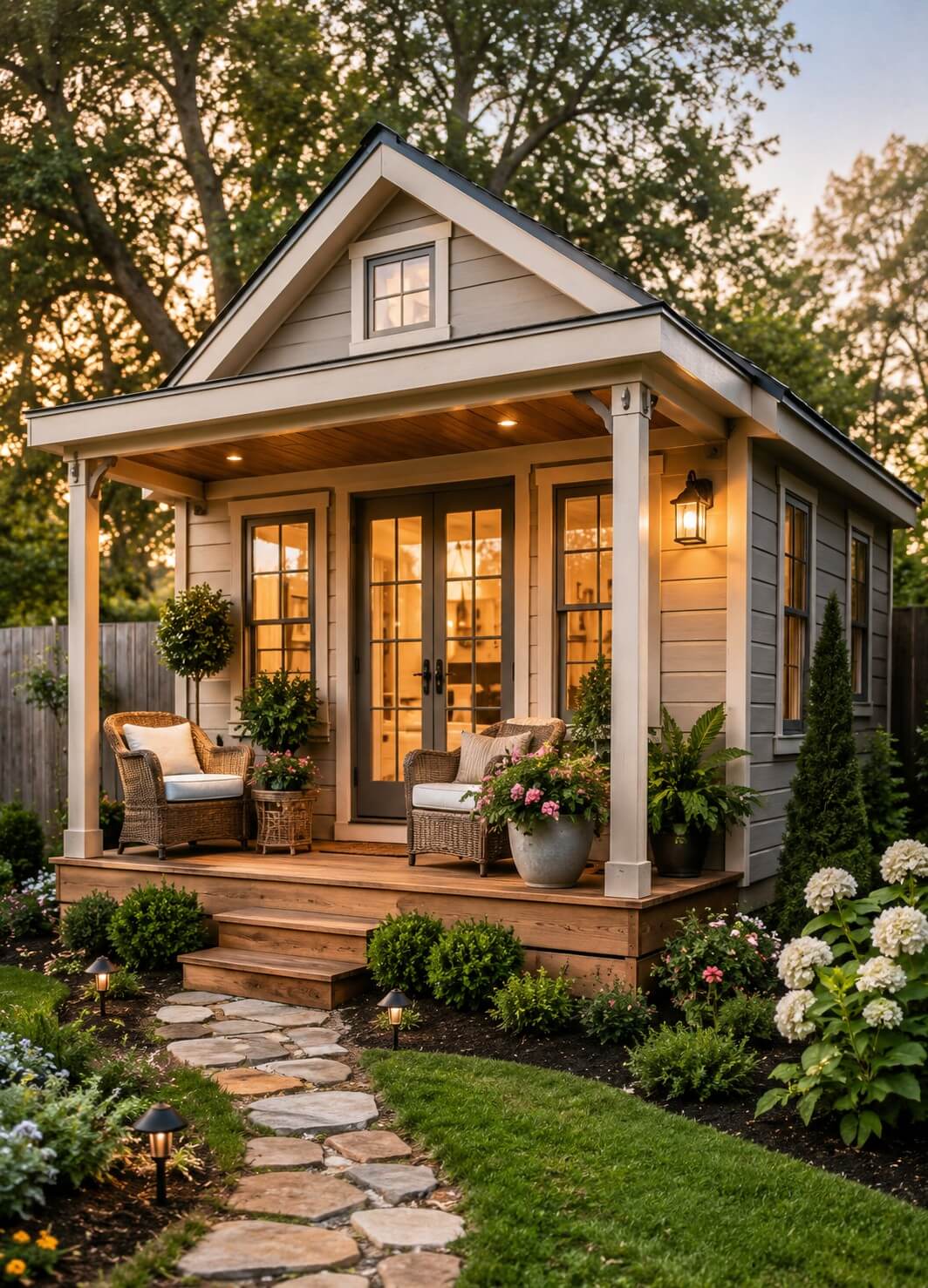 backyard guest cottage idea with a cozy porch