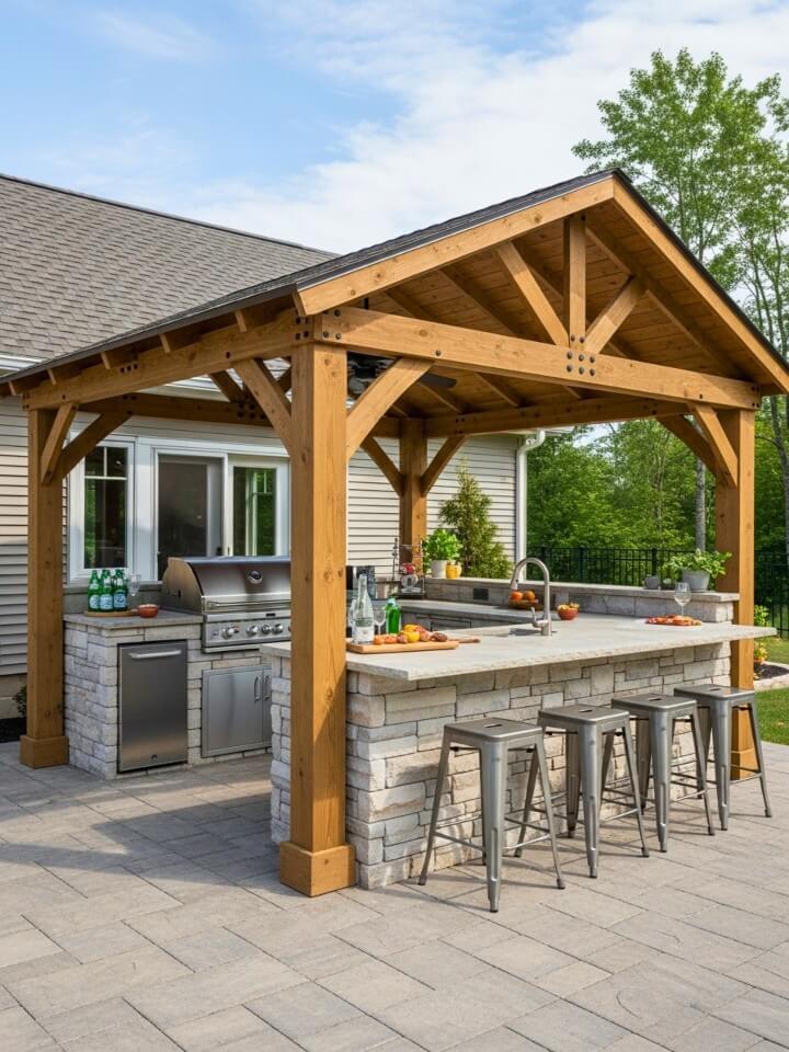 backyard pavilion with built in outdoor kitchen