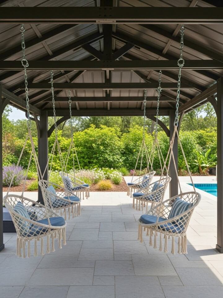 backyard pavilion with hanging swing seats