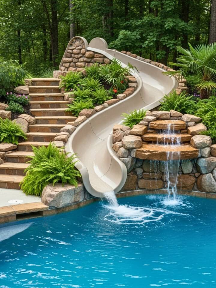 backyard pool with slide and a waterfall corner