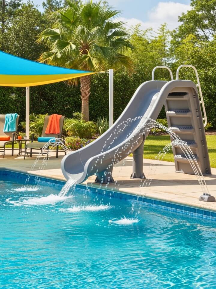 backyard pool with slide and built in sprayers