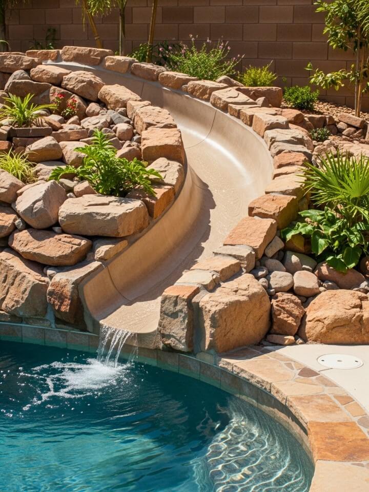 backyard pool with slide and natural rock garden