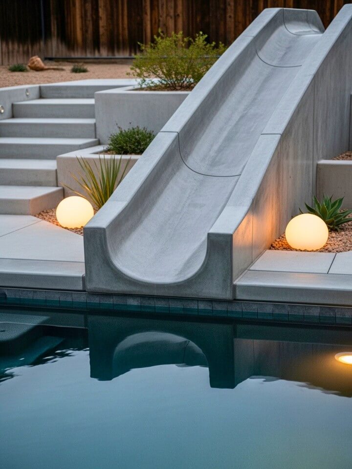 backyard pool with slide and smooth concrete finish