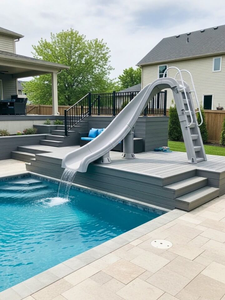 backyard pool with slide on a raised platform