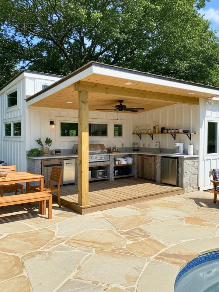 backyard tiny house with covered cooking area