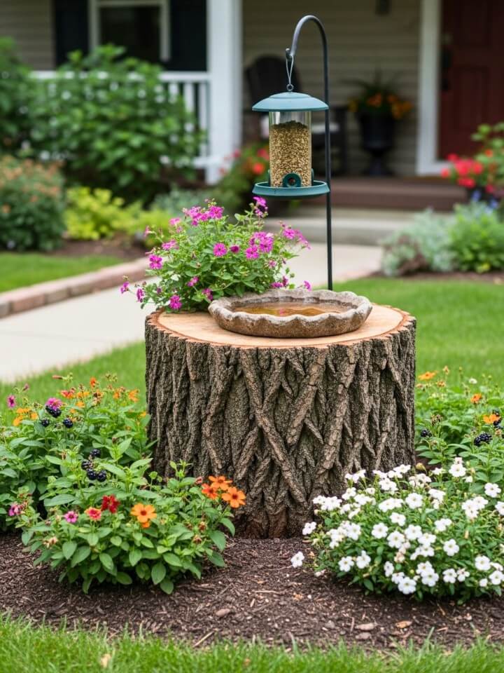 bird bath or feeder tree stump design