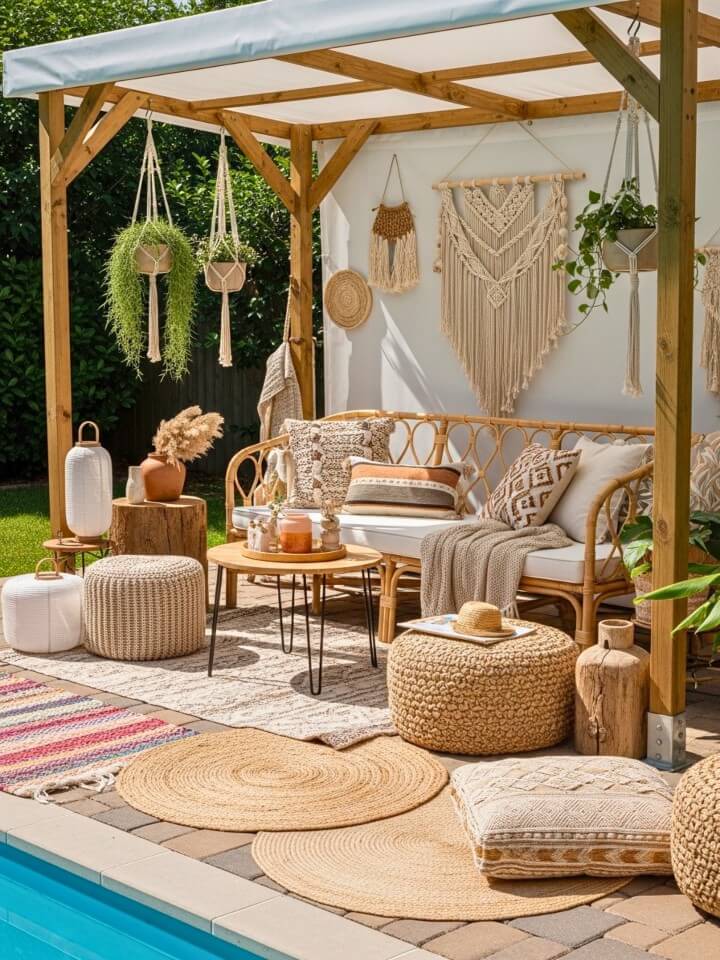 boho poolside sitting area