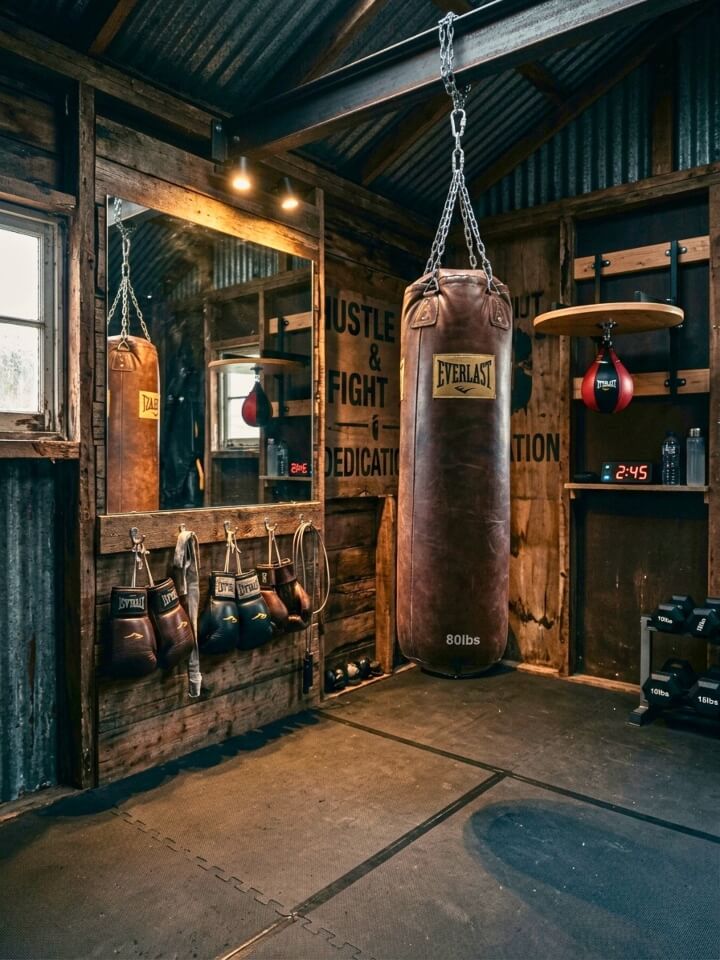 boxing shed gym with heavy bag area