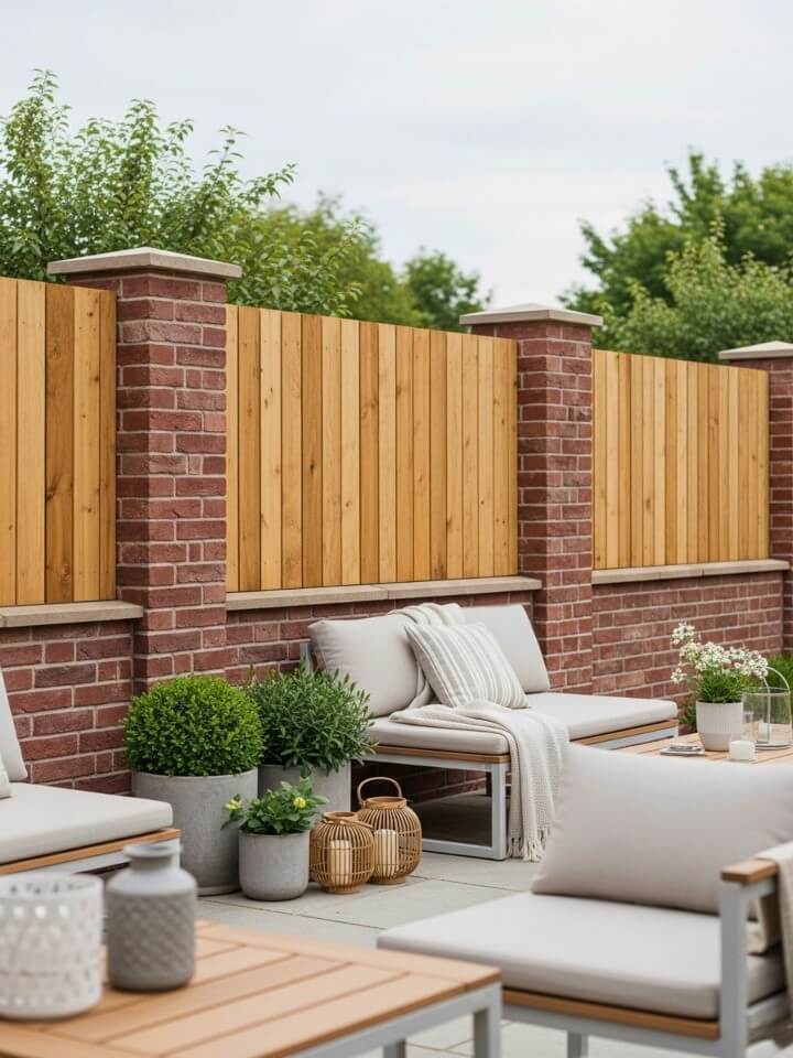 brick and wood mixed fence for backyard