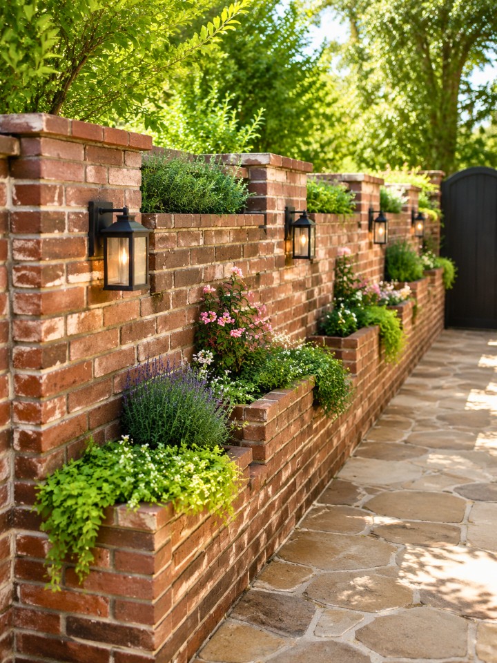 brick fence with built in planter box