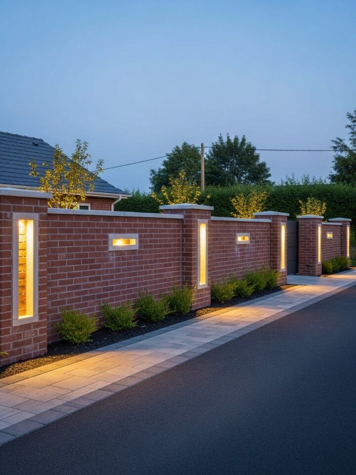 brick fence with outdoor lighting integration
