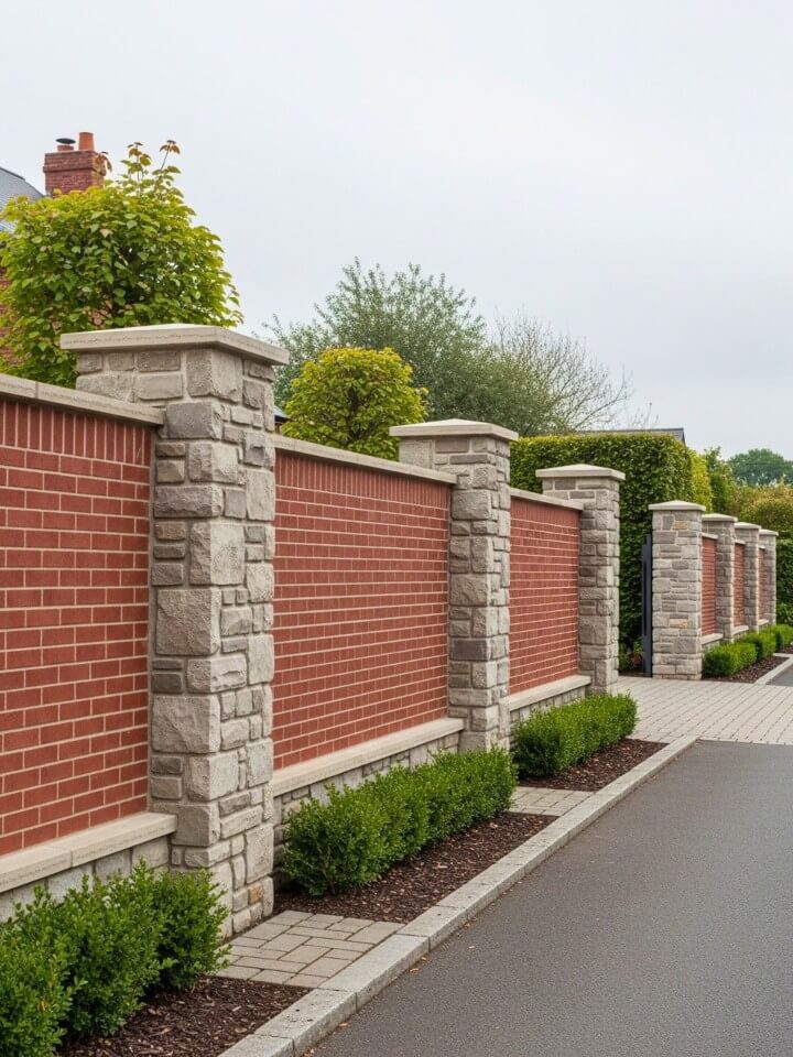 brick fence with stone pillar accents