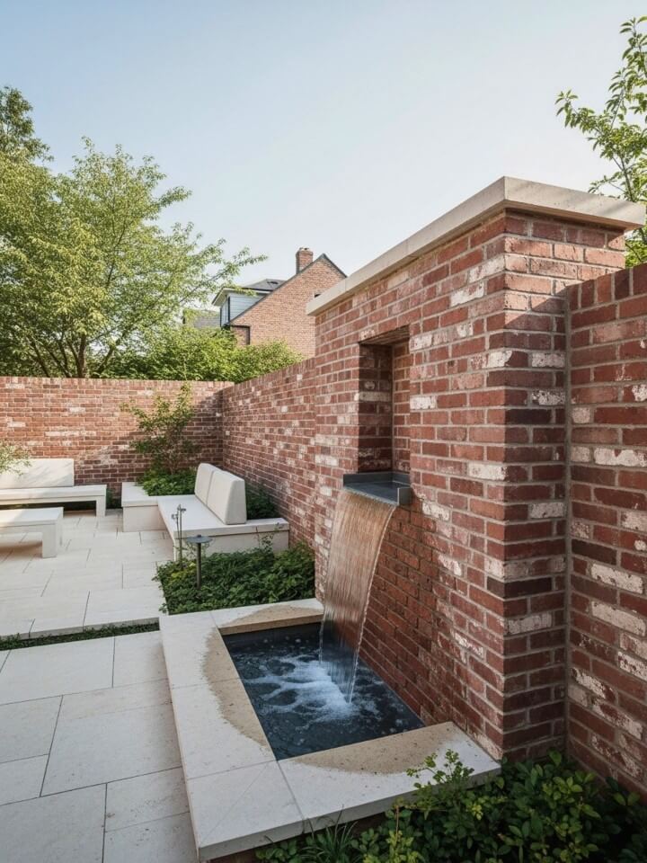 brick fence with water feature integration design idea
