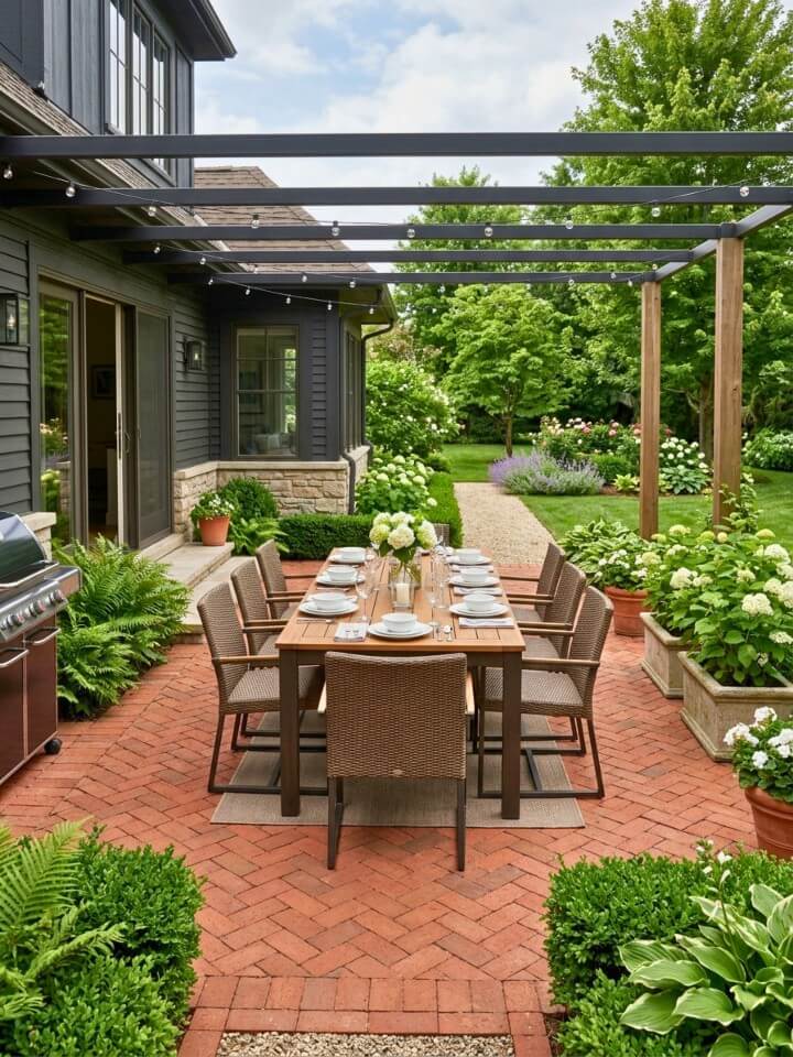 brick patio dining area outdoor design