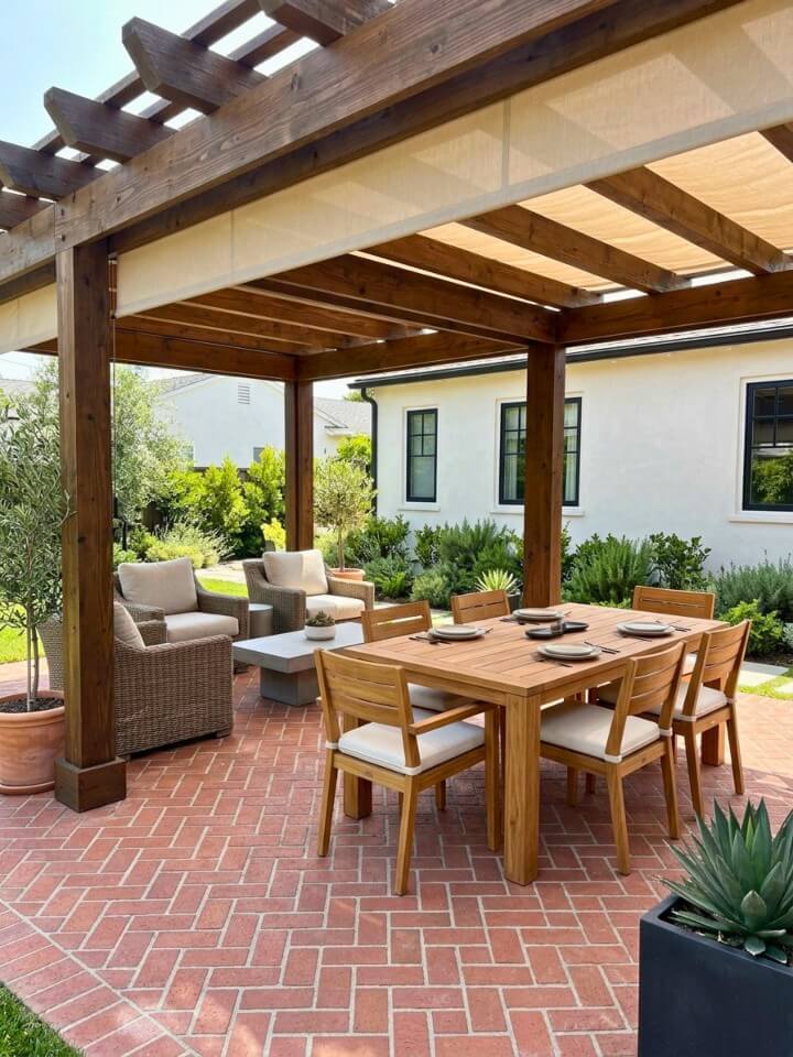 brick patio under pergola outdoor living design