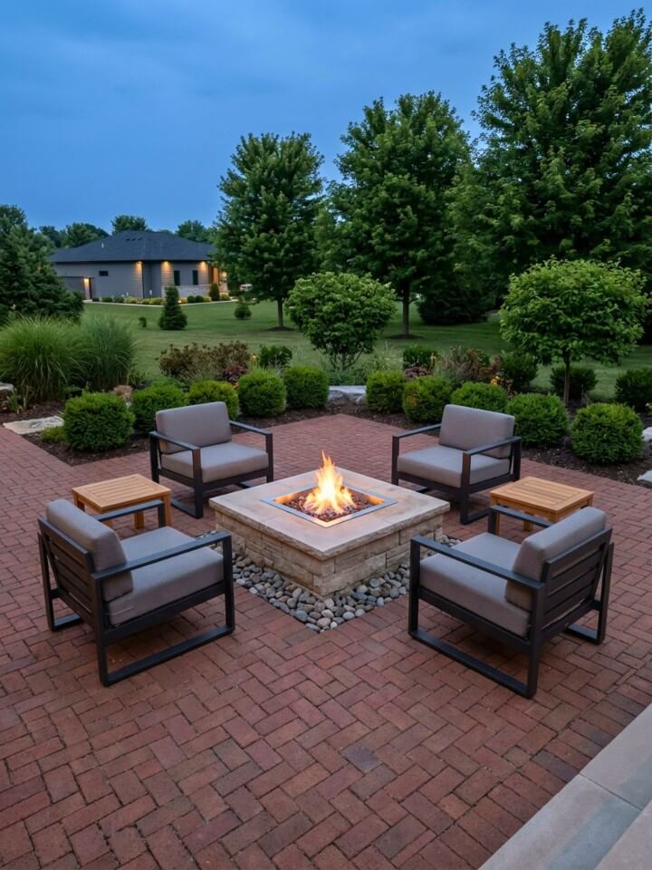 brick patio with built in fire pit center