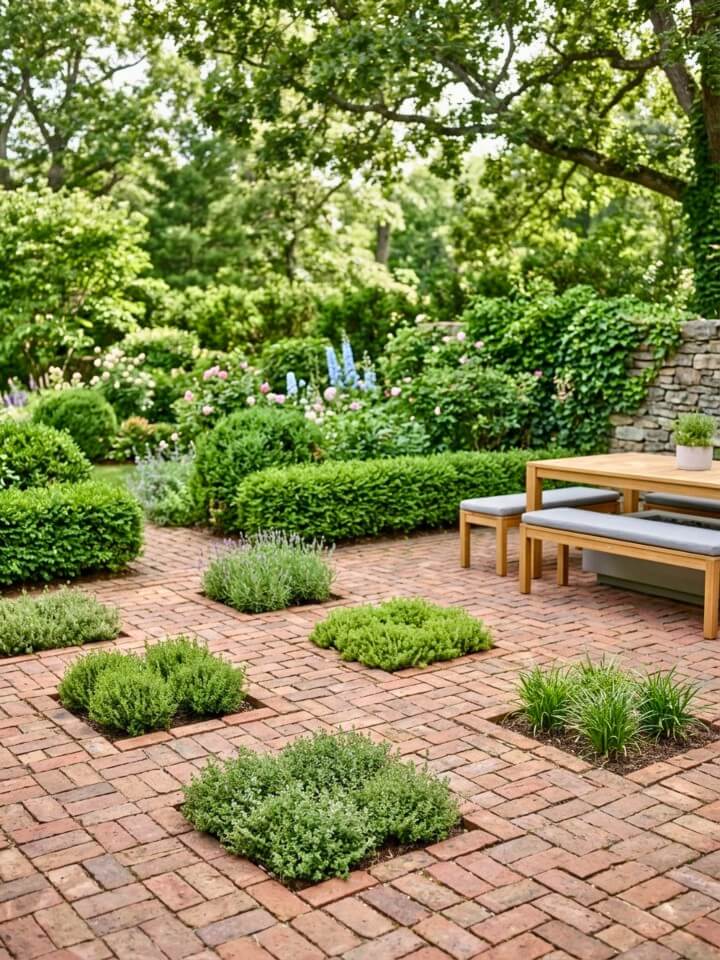 brick patio with built in planting pockets