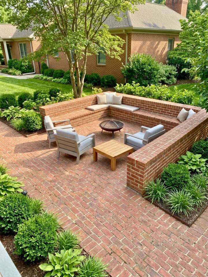 brick patio with built in seating wall