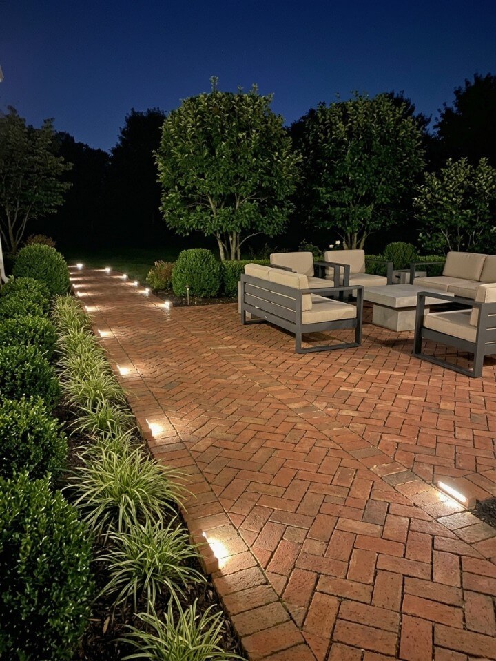 brick patio with edging lighting ideas