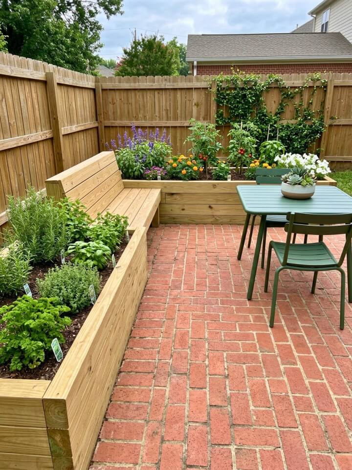 brick patio with raised garden beds design