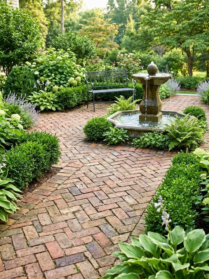brick patio with water feature design idea