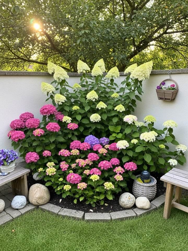 brighten an empty backyard corner with hydrangeas