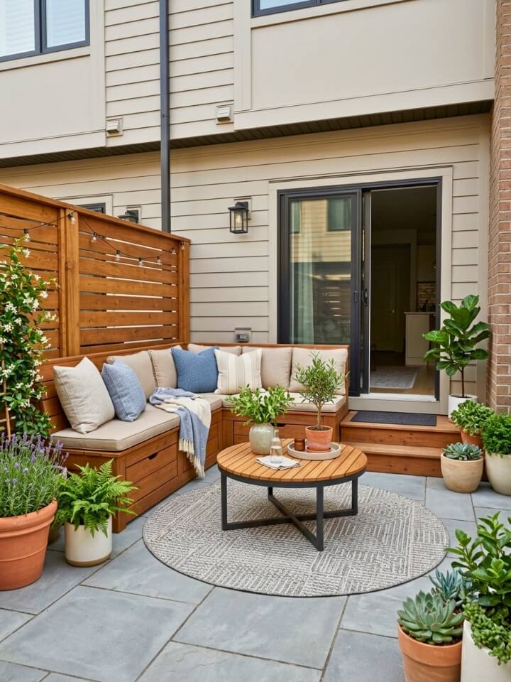 built in bench seating with storage for small urban courtyard