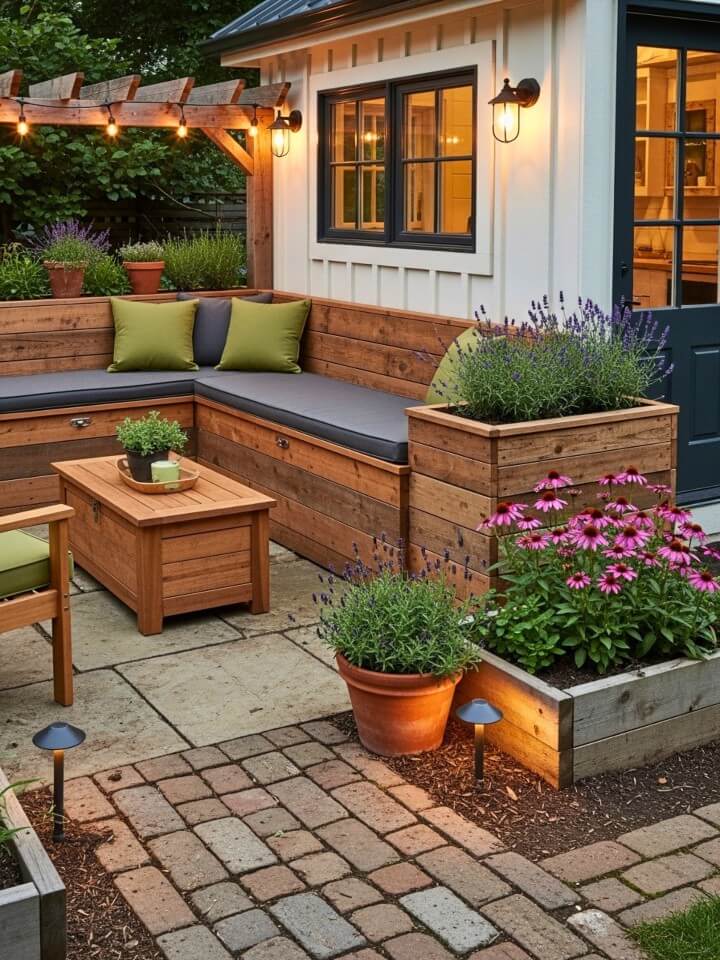 built in storage benches for a small backyard home