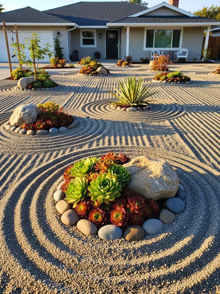calm zen garden with rocks and architectural succulents