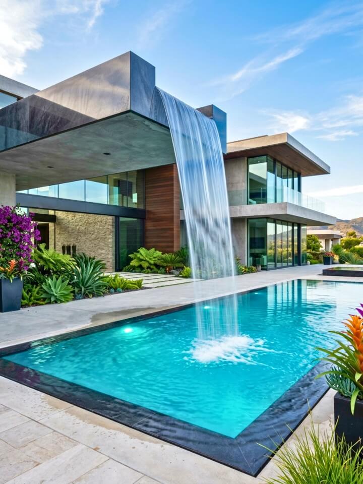 cantilevered modern waterfall feature